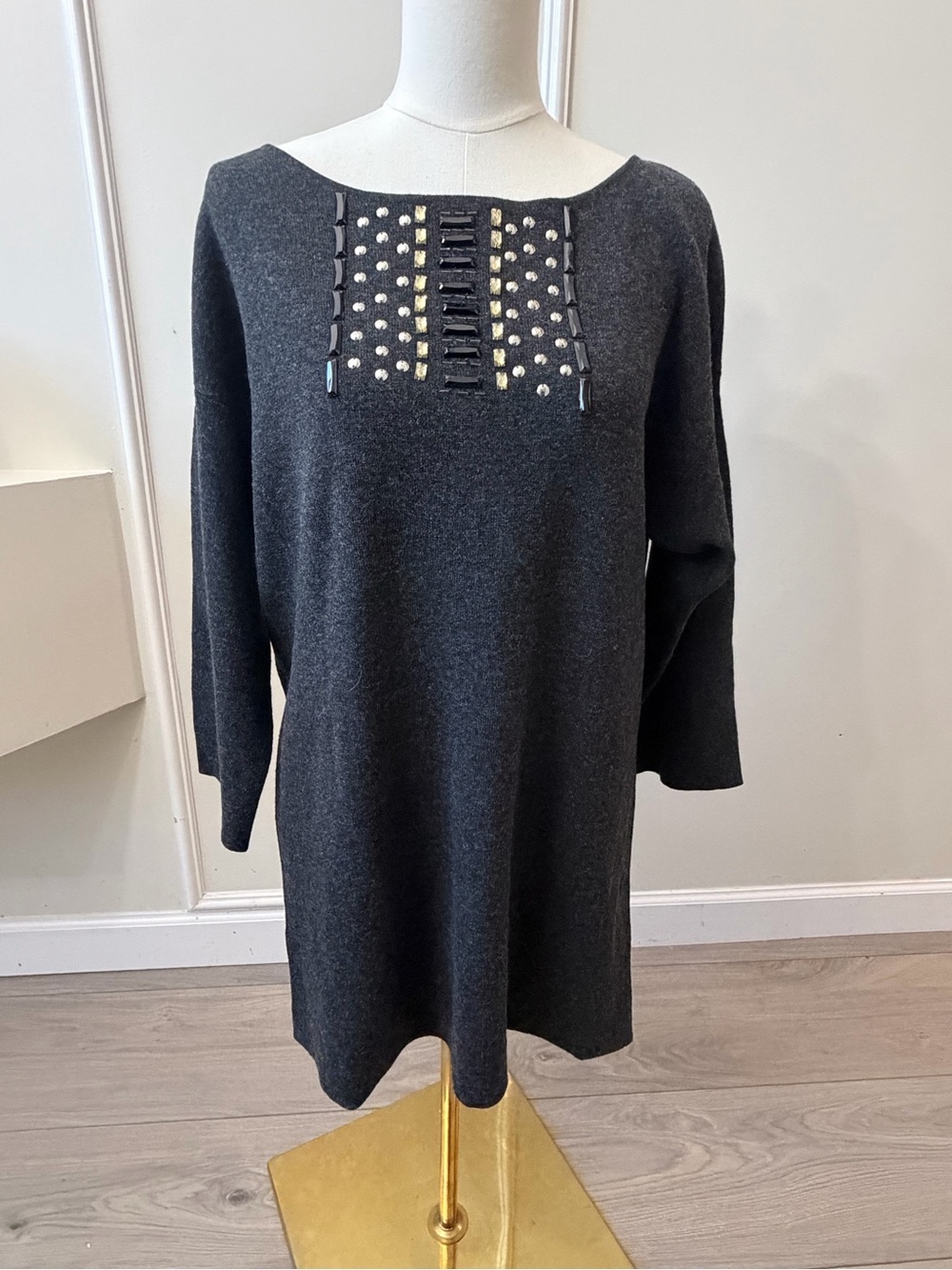 Adrienne Vittadini Dark Charcoal Embellished Long Sleeve Mini Dress - Picture 2 of 8